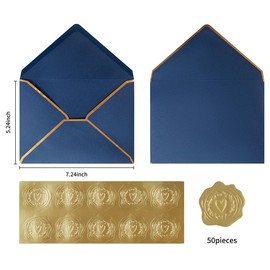 Topeen 50 Pieces A7 Envelopes with Gold Border, 5.24 x 7.21 Inches Envelopes with Gold Stickers for Greeting Cards and Invitation (Navy Blue, A7-5x7)