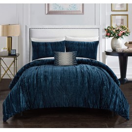 Chic Home Westmont 4 Piece Comforter Set Crinkle Crushed Velvet Bedding - Decorative Pillow Shams Included, Queen, Navy