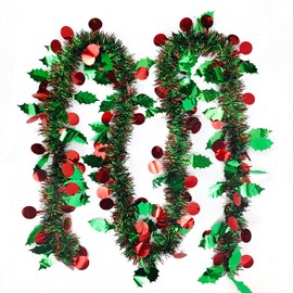 32.8ft Christmas Tinsel with Frosted Tip Leafs and Red Berry,Shinny Metallic Twist Tinsel Garland for Christmas Tree Ceiling Hanging Stairs Decoration Holiday Party Supplies (Green)