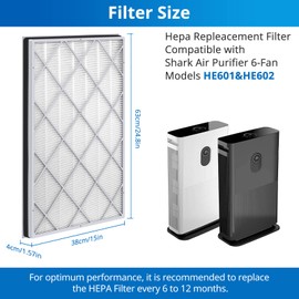 HE601 Replacement Filter Compatible with Shark Air Purifier 6-Fan Models HE601& HE602, Compare to Part # HE6FKPET, HE6FKBAS, HE6FKPRO, 2 Pack