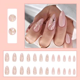 Pink Press on Nails Medium Almond Fake Nails with Gold Ripple Design Gold Line False Nail Press ons Glossy Acrylic Nails Full Cover Glue on Nails Stick on Nails for Women and Girls