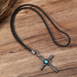 xdlhghe Cross Necklace for Men Vintage Turquoise Pendant Leather Black Cord Rope Charm Statement Goth Mens Necklace Dad Western Gothic Big Cross Y2k Men's Jewelry, Brass, No Gemstone