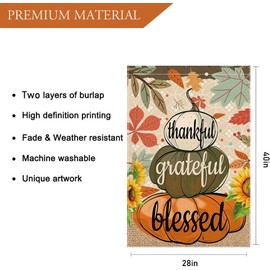LHSION Welcome Fall House Flag 28 x 40 Inch Thankful Grateful Blessed Pumpkin Decorative House Yard Double Sided Flag for Autumn Thanksgiving Day Decoration