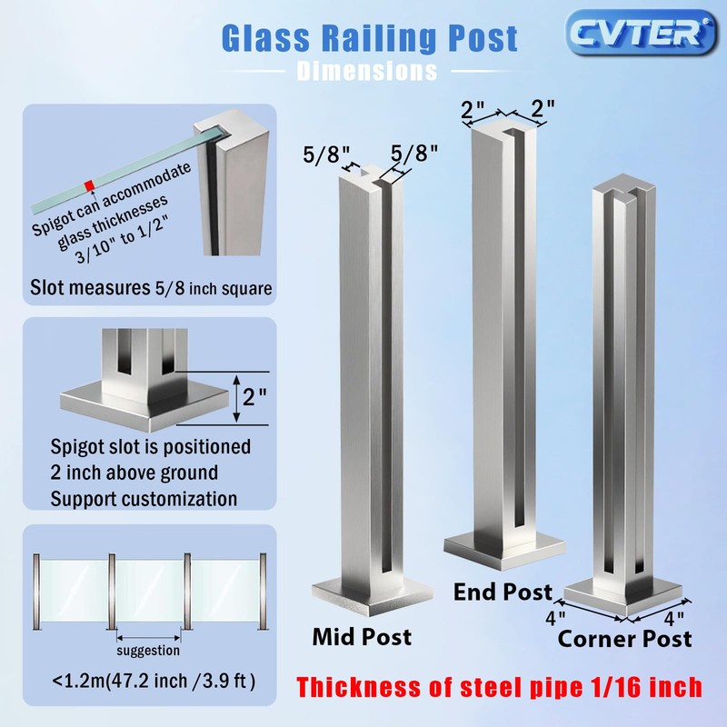 Cvter Glass Railing Post, No-Punch Heavy-Duty Glass Railing with Spigot