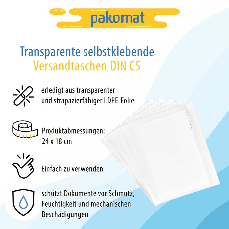 Pakomat Pakomat Lieferscheintaschen Dokumenttaschen DIN C5 für A5 transparent selbstklebend