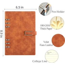 BSHITWO Leather Journal Refillable Notebook for Writing, Lined Journal Notebook for Women Men Work Office, 270 Pages 100 GSM A5 Binder Magnetic Buckle Closure, 6.5" x 8.9", Brown