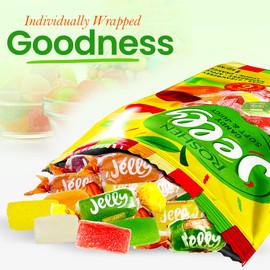 Roshen Jelly Candy, Mixed Fruit, 2.2 lb (1kg) Bulk Pack, Soft Fruit Jellies with Crystalline Sugar in Pear, Apple, Orange, Lemon, Strawberry & Raspberry Flavors, Individually Wrapped Gems, Pectin-Based, Kosher, Halal