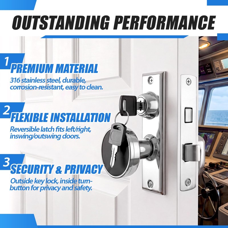 316 Stainless Steel Mortise Lock Set with Bolt, Heavy-Duty Marine