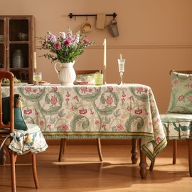 patdrea Designer Green Tablecloth for Rectangle Tables,Vintage Linen with Leaves and Flowers Pattern Tablecloths,Farmhouse Floral Table Cover Cloth Decor for Kitchen Dining Christmas,63"*94"