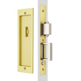 Rectangular Privacy Pocket Door Mortise Lock and Edge Pull, Narrow Modern Sliding Door Pop-Up Handle, (Bed/Bath) Pull Latch, Recessed Hardware for 1 3/8” to 2 3/16” Thickness Door (Satin Brass)