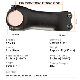 RXL SL MTB - Vástago de fibra de carbono para bicicleta de carretera, vástago de bicicleta de carretera, color negro, 3 K, mate, 31,8 mm, tallos de 17 grados, 90 mm, vástago MTB de carbono mate