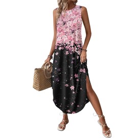 Zeagoo Casual Maxi Dresses for Women Floral Beach Vacation Dress Long Summer Dress 2025 Flower Sundress with Pockets, Pink+Black Print,L