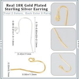 Beebeecraft 2 Colours, Pack of 20 Earring Hooks, 18 K Gold-Plated & 925 Sterling Silver, 20 ~ 21.5 mm, French Ear Hooks with Spherical End and Teardrop Earrings, DIY Jewellery Making