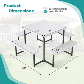 Byroce Outdoor Picnic Table for 4-8 Person, HDPE Picnic Camping Table Set with 4 Benches, Umbrella Hole & Metal Frame, Heavy Duty Square Dining Table Chairs for BBQ in Patio, Yard & Poolside (White)