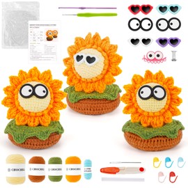 WILSHIN Crochet Kit for Beginners, Sunflower Crochet Start Kit with Step-by-Step Video Tutorials, Easy to Learn Tutorials, Yarns, Hook, Beginner Knitting Set DIY Art Craft,3 Pair(50%+ Yarn)