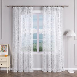 Delien Curtains with Ruffle Tape, Modern Curtain Scarves, Living Room, Transparent Window Curtains, Laudhaus Curtain with Branches Pattern, Decorative Curtains, Panel Curtains, Pack of 1, Silver, W x