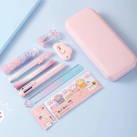 MOZXIRZ Juego de 9 piezas de papelería rosa lindo de pata de gato, suministros escolares kawaii, suministros de oficina, incluyendo bolígrafos, sacapu