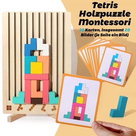 Tetris Holzpuzzle Montessori Spielzeug, 2-in-1 Tetris holzspiel mit 42 Bauklötzen & 10 Aufgabenkarten, Lernspielzeug für Kinder ab 3 Jahre Förderung von Logik & Raumdenken
