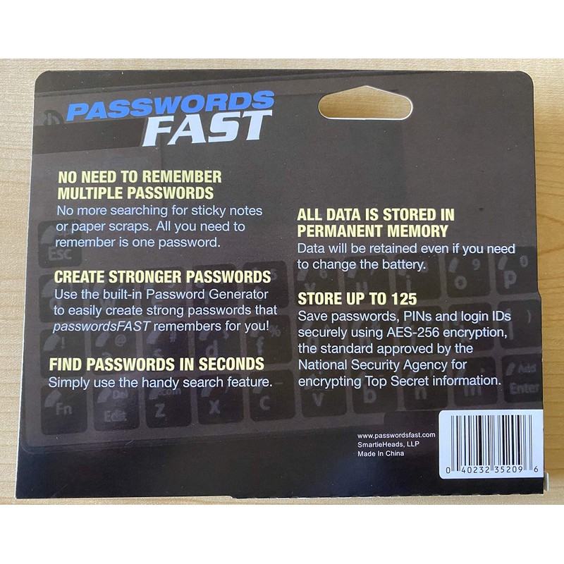 passwordsFAST - Encrypted Offline Password Keeper (Credit Card Size)