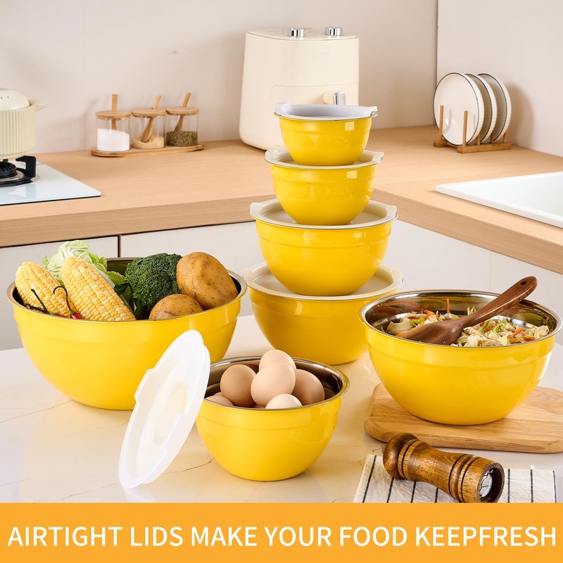 Moxinox Yellow Mixing Bowls with Airtight Lids, Stainless Steel Nesting