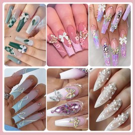 Nail Charms, Bow Butterfly Manicure Kit, White 3D Cute Bow Nail Charms Gold Silver Luxury Butterfly Nail Gems, 3D Acrylic Flowers Nail Gems with White Half Pearls Nail Art Decoration