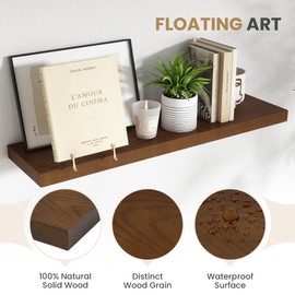 RICHFOCUS Floating Shelves for Wall 48 Inch Solid USA-Sourced Oak Wooden Shelves for Bathroom Kitchen 9" Deep Modern Wood Shelf with Heavy-Duty Bracket for Wall Mounted, Walnut Finish