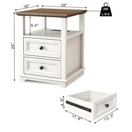 REDAYFUR End Table with Fast USB C Charging Station, 24” Tall Sofa Side Table with 2 Drawers, Large Storage Rustic Wood Square Storage Cabinet for Living Room,Bedroom,Office, White