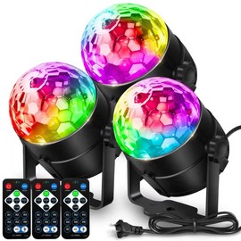 JIERRP DEEPAAR 3 Pack Disco Ball Party Lights, Sound Activated DJ Lights with Remote Control, 7 Colors RGB Strobe Light Projector for Kids Birthday, Wedding, Karaoke, Bar, Home Gym & Room Decor