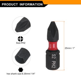 sourcing map 2pcs PH2 Phillips Screwdriver Bit 1/4" Hex Shank 25mm/1" Length Magnetic Cross Head Hex Bits S2 Steel Screw Driver Bit Industrial Grade Electric Drill Bits