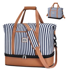 Lekespring Women's Travel Bag, Double Layer Weekender Large Travel Bag, Hand Luggage, Hospital Bag, Birth, Sports Bag with Toiletry Bag and 2 Shoe Bags, striped