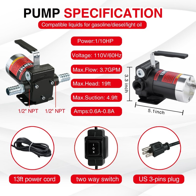 TOPWAY 110V AC Gasoline Fuel Pump 3.7GPM Self-priming Oil Transfer