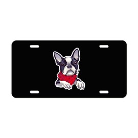 Boston Terrier Dog in a Red Scarf License Plate - Black