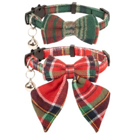 Gyapet Cat Collar with Bow Tie Flower Sailor Bowtie Breakaway Safety Removable Plaid Classical Kittens Cats Tiny Pet Cute 2pcs Xmas-B