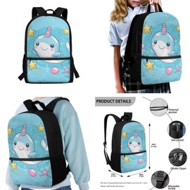 Gomyblomy Cartoon Dolphin Backpack for Girls 6-8 8-10 Stars Kawaii Kids Backpack with Lunch Box Set of 4 Pcs Bookbag Set for Girls Elementary School Bag Water Bottle Holder Blue Rucksack