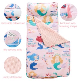 JUNCAI Toddler Nap Mat with Removable Pillow and Plush Blanket, Roll Up Napping Mats for Kids Ages 3-6 Years, Kid Sleeping Bag for Preschool Daycare Travel Camping, 53" x 23"