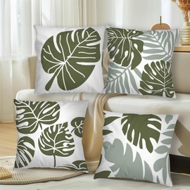 ZAWAZZA Green Throw Pillows for Couch Bed Decorative Throw Pillow Covers 18x18 Sage Leaves Set of 4 Velvet Pillowcases for Sofa Bedroom