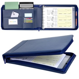 Smarpau 7 Ring PU Leather Check Binder with Zipper Pouch, Holds 600 Checks, Executive Size for 9 13 Inch Sheets, Blue