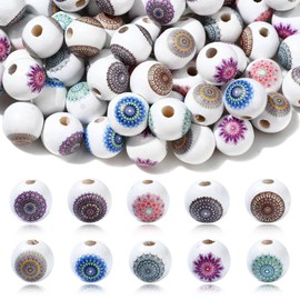 Ipotkitt 100pcs 15~15.5mm Boho Theme Wooden Round Beads Bubblegum Spacer Beads Flower Ball Beads for DIY Keychain Necklace Bracelet Jewellery Making