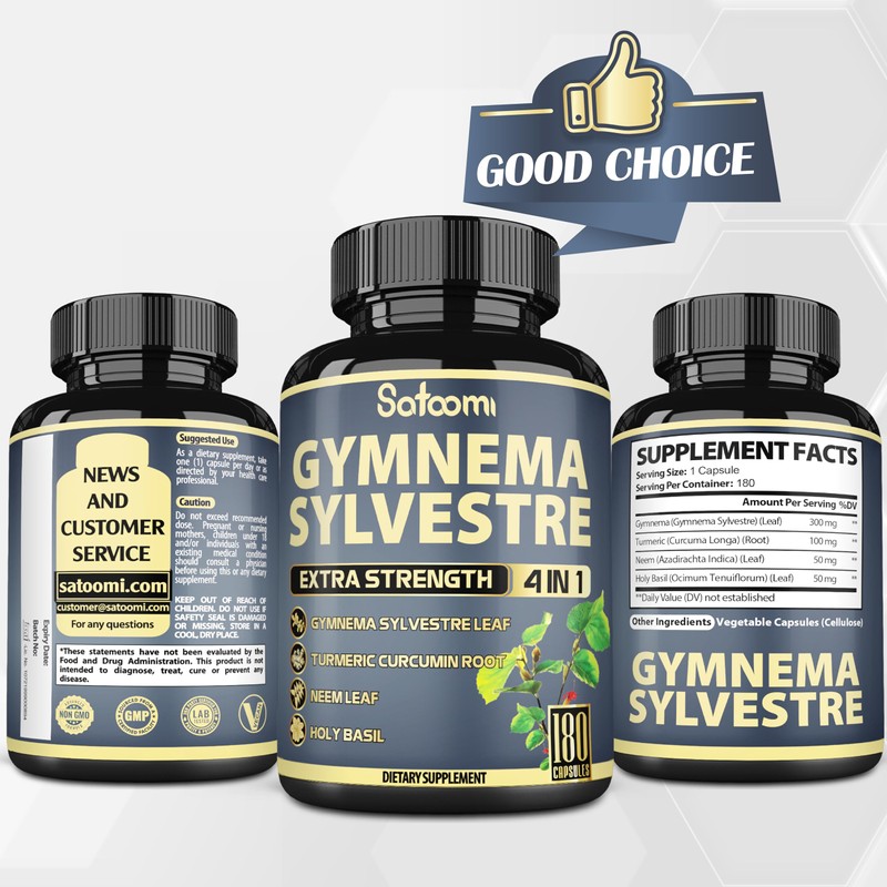 Satoomi Pure Gymnema Sylvestre Capsules Extract - 180 Capsules of