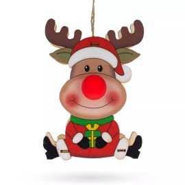 BESTPYSANKY Wooden Reindeer with Present Christmas Ornament with Light Up Nose Cutout