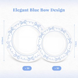 60 Pcs Blue Plastic Plates Set for Wedding Party Guests Blue and White Bow Patterns Dish 10.25" Dinner 7.5" Dessert Plates Disposable for Banquet Dinner Bridal Shower