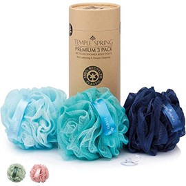 Shower Loofahs for Men - 3 pack Eco Recycled Shower Poufs and Skin Scrubber Set - Exfoliating Body Bath Scrunchies Sponges for Bathroom and Shower - Wash Loofah Puff Scrub Balls for Bathing (Ocean Blue)