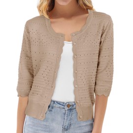 Short Sleeve Cardigans for Women Khaki Button Up Lightweight Summer Cardigan Open Front Crochet Cropped Sweater Jacket