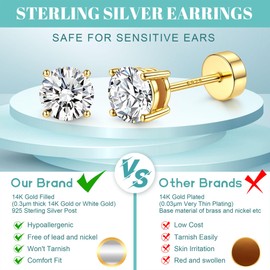 YADOCA 925 Sterling Silver Stud Earrings Set,Hypoallergenic Flat Back Earrings for Women Men ,White Gold 14K Gold Filled Ball Dot Cubic Zirconia Earrings Studs ,Nap Cartilage Earrings For Sensitive Ears 2/3/4/5mm