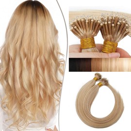 18" Nano Ring Tip Hair Extensions Real Human Hair 50Strands #18/613 Ash Blonde&Bleach Blonde (50g)