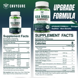 1Pack Sea Moss Gummies Sugar-Free, Extra Strength Irish Moss Gel Supplement with Iodine, Chlorophyll, Unfiltered ACV, D3, Burdock Root, Bladderwrack for Immune, Digestive, Skin, Hair, Det❤️x, Vegan