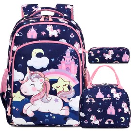 Kimwadalh Unicorn School Backpack, 3PCS Girls Unicorn Bookbag with Lunch Bag Pencil Case for School, Large Capacity Elementary Backpack with Reflective Straps for Girls