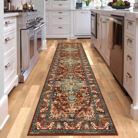 U'Artlines 2' x 8' Boho Hallway Runner Rug, Non Slip Washable Vintage Farmhouse Accent Area Rug Carpet for Kitchen Entryway Laundry and Living Room (Rust＆Teal)