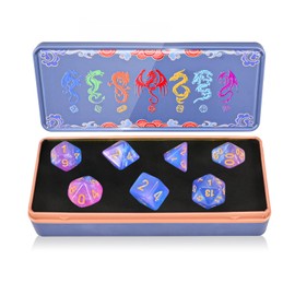 DND Dice Set with Dragon Totem Metal Gife Case, Dungeons and Dragons Dice Set,Polyhedral Dice Set Filled with Shiny Glitters,Role Playing Games and Tabletop Games (Deep Blue&Pink)