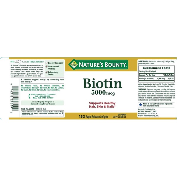 Nature's Bounty Natures Bounty Biotin 5000mcg 150 Rapid Release Softgels